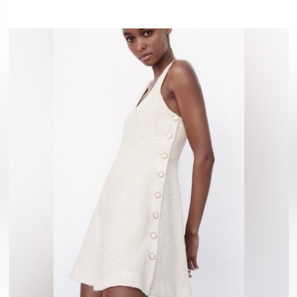 NWT Zara Tweed Dress Cream Tweed Boucle Dress Side Button Detail